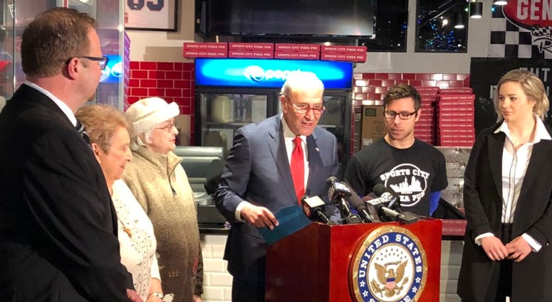 Senator Chuck Schumer at a Monday morning press conference explaining the need for more legislative protection against robocalls.