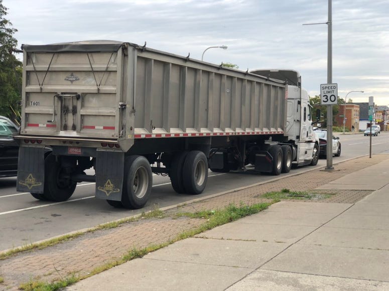 A semi believed to be involved in the overnight death of a person on Lahtrop Street. September 9, 2019 (WBEN Photo/Mike Baggerman)