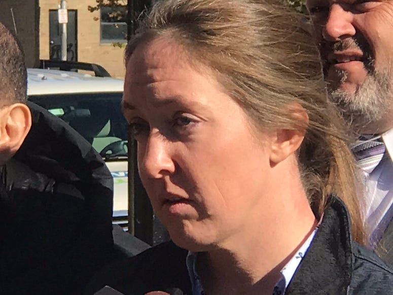 Siobhan O'Connor speaks outside the Diocese of Buffalo. October 30, 2018 (WBEN Photo/Brendan Keany)