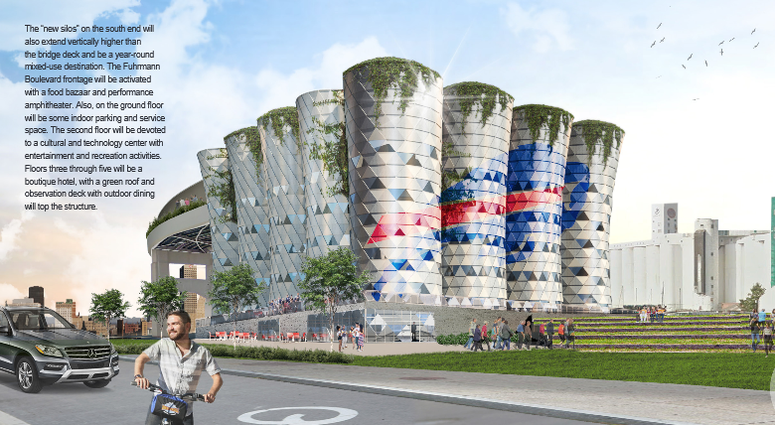 Artist renderings of the "New Silos" as part of the City of Lights Proposal.