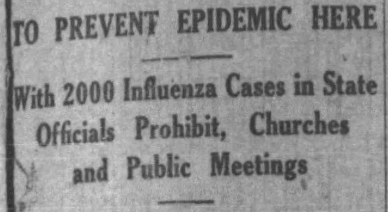 headline announces broad closures during 1918 flu pandemic.