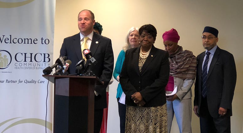 State Senator Tim Kennedy, Assemblywoman Crystal Peoples Stokes announce $180,000 in funding for the Osborne Association's "Family Works" program. April 25, 2019 (WBEN Photo/Mike Baggerman)