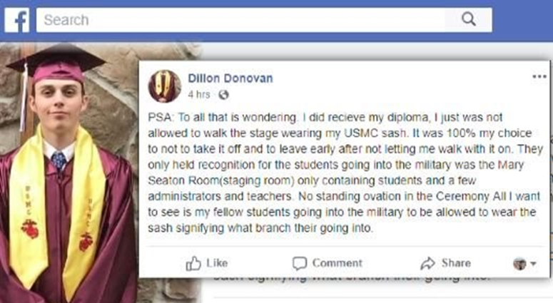 Dillon Donovan was not allowed to walk with a military sash