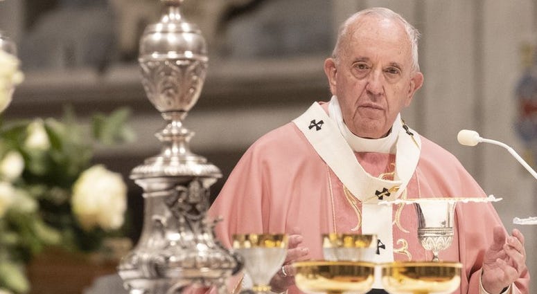 Pope Francis celebrates a Mass for the Philippine community of Rome, in St. Peter's Basilica at the Vatican to Sunday, Dec. 15, 2019. (AP Photo/Alessandra Tarantino)