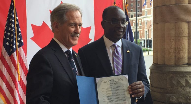 Mayor Byron Brown and Fort Erie Mayor Wayne H. Redekop (WBEN Photo/Mike Baggerman)