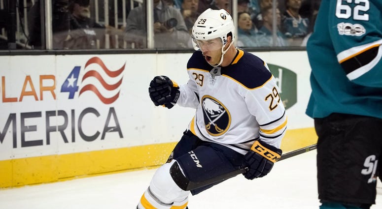 NHL: Buffalo Sabres at San Jose Sharks ct 12, 2017; San Jose, CA, USA; Buffalo Sabres right wing Jason Pominville (29) celebrates after scoring a goal against the San Jose Sharks in the first period at SAP Center at San Jose.