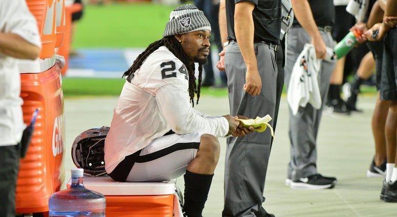 Aug 12, 2017; Glendale, AZ, USA; Oakland Raiders running back Marshawn Lynch (24) prior to the game against the Arizona Cardinals at University of Phoenix Stadium. Aug 12, 2017; Glendale, AZ, USA; Oakland Raiders running back Marshawn Lynch (24) prior to the game against the Arizona Cardinals at University of Phoenix Stadium.