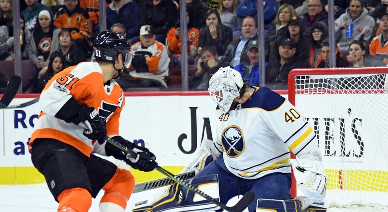Dec 14, 2017; Philadelphia, PA, USA; Buffalo Sabres goalie Robin Lehner (40) makes a save against Philadelphia Flyers center Valtteri Filppula (51) during the second period at Wells Fargo Center. Dec 14, 2017; Philadelphia, PA, USA; Buffalo Sabres goalie Robin Lehner (40) makes a save against Philadelphia Flyers center Valtteri Filppula (51) during the second period at Wells Fargo Center.