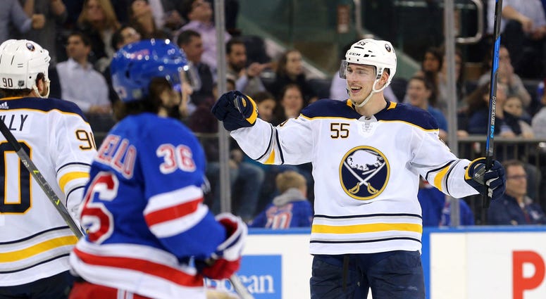 an 18, 2018; New York, NY, USA; Buffalo Sabres defenseman Rasmus Ristolainen (55) celebrates his goal against the New York Rangers during the third period at Madison Square Garden. an 18, 2018; New York, NY, USA; Buffalo Sabres defenseman Rasmus Ristolainen (55) celebrates his goal against the New York Rangers during the third period at Madison Square Garden.