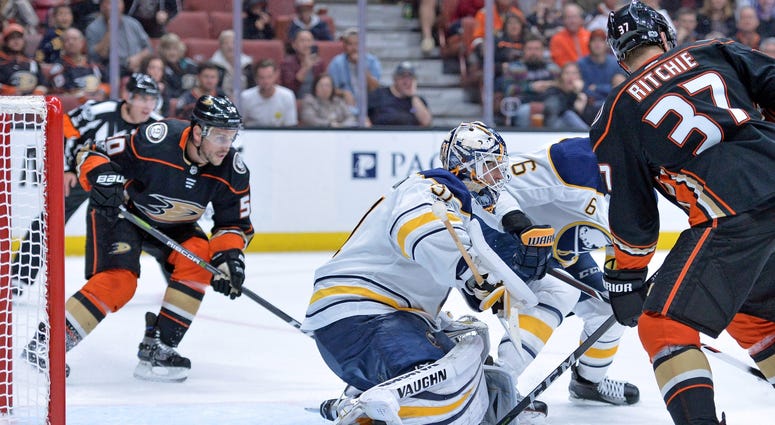 Oct 15, 2017; Anaheim, CA, USA; Buffalo Sabres goalie Chad Johnson (31) defends the net against the Anaheim Ducks during the third period at Honda Center. Oct 15, 2017; Anaheim, CA, USA; Buffalo Sabres goalie Chad Johnson (31) defends the net against the Anaheim Ducks during the third period at Honda Center.