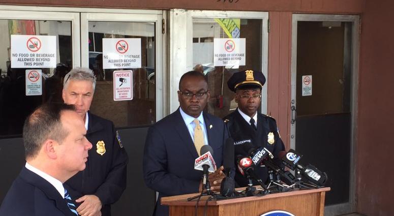 Buffalo Mayor Byron Brown (podium) with Retired BPD Commissioner Daniel Derenda from May 2017 (WBEN Photo/Mike Baggerman)