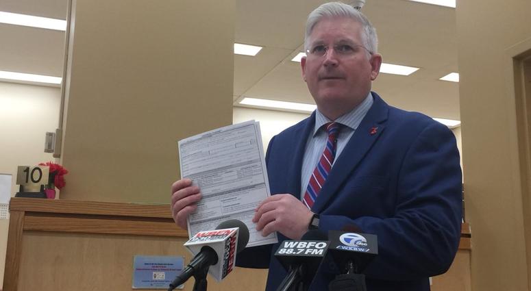 Erie County Clerk Mickey Kearns at the Erie County Auto Bureau at 170 Pearl Street on March 28, 2018 (WBEN Photo/Mike Baggerman)