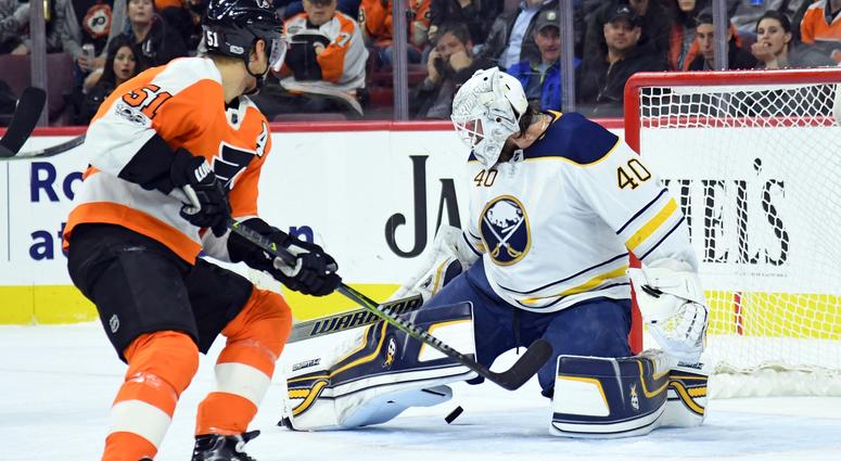 Dec 14, 2017; Philadelphia, PA, USA; Buffalo Sabres goalie Robin Lehner (40) makes a save against Philadelphia Flyers center Valtteri Filppula (51) during the second period at Wells Fargo Center. Dec 14, 2017; Philadelphia, PA, USA; Buffalo Sabres goalie Robin Lehner (40) makes a save against Philadelphia Flyers center Valtteri Filppula (51) during the second period at Wells Fargo Center.
