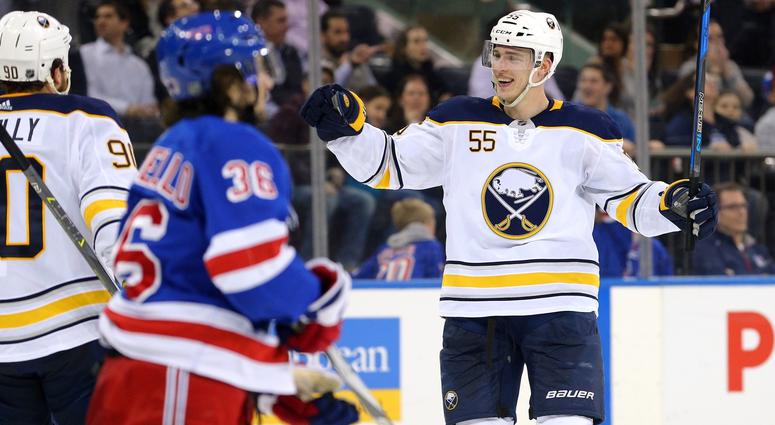 an 18, 2018; New York, NY, USA; Buffalo Sabres defenseman Rasmus Ristolainen (55) celebrates his goal against the New York Rangers during the third period at Madison Square Garden. an 18, 2018; New York, NY, USA; Buffalo Sabres defenseman Rasmus Ristolainen (55) celebrates his goal against the New York Rangers during the third period at Madison Square Garden.