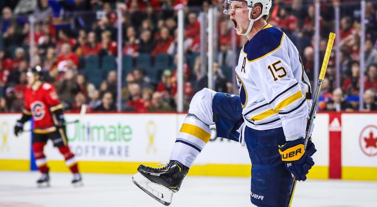 Jan 22, 2018; Calgary, Alberta, CAN; Buffalo Sabres center Jack Eichel (15) celebrates his goal against the Calgary Flames during the overtime period at Scotiabank Saddledome. Buffalo Sabres won 2-1. Jan 22, 2018; Calgary, Alberta, CAN; Buffalo Sabres center Jack Eichel (15) celebrates his goal against the Calgary Flames during the overtime period at Scotiabank Saddledome. Buffalo Sabres won 2-1.
