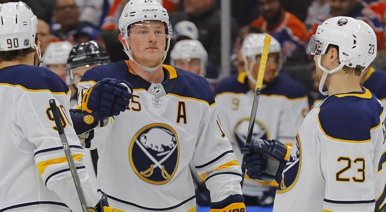 Jan 23, 2018; Edmonton, Alberta, CAN; The Buffalo Sabres celebrate a second period goal by forward Jack Eichel (15) against the Edmonton Oilers at Rogers Place. Jan 23, 2018; Edmonton, Alberta, CAN; The Buffalo Sabres celebrate a second period goal by forward Jack Eichel (15) against the Edmonton Oilers at Rogers Place.