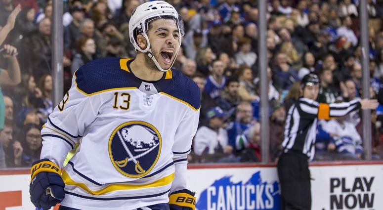 Jan 25, 2018; Vancouver, British Columbia, CAN; Buffalo Sabres right wing Nicholas Baptiste (13) celebrates his goal against the Vancouver Canucks during the second period at Rogers Arena. Jan 25, 2018; Vancouver, British Columbia, CAN; Buffalo Sabres right wing Nicholas Baptiste (13) celebrates his goal against the Vancouver Canucks during the second period at Rogers Arena.