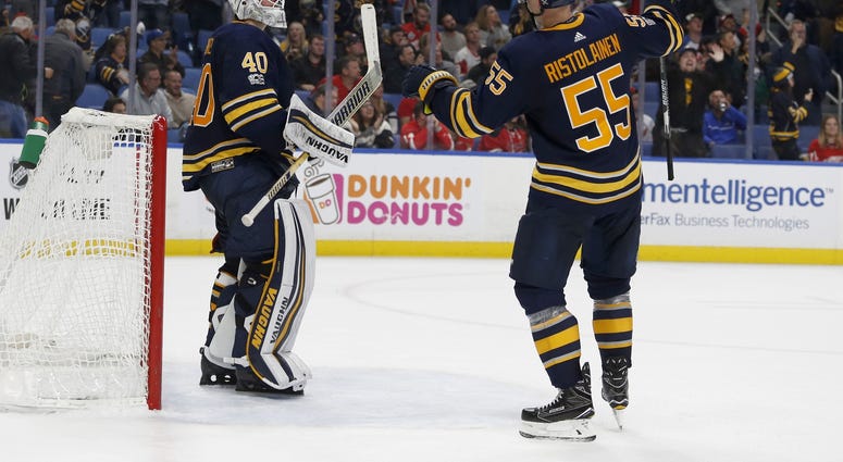 Oct 24, 2017; Buffalo, NY, USA; Buffalo Sabres goalie Robin Lehner (40) celebrates his shutout win with defenseman Rasmus Ristolainen (55) during the third period against the Detroit Red Wings at KeyBank Center. Buffalo beats Detroit 1 to 0. Oct 24, 2017; Buffalo, NY, USA; Buffalo Sabres goalie Robin Lehner (40) celebrates his shutout win with defenseman Rasmus Ristolainen (55) during the third period against the Detroit Red Wings at KeyBank Center. Buffalo beats Detroit 1 to 0.