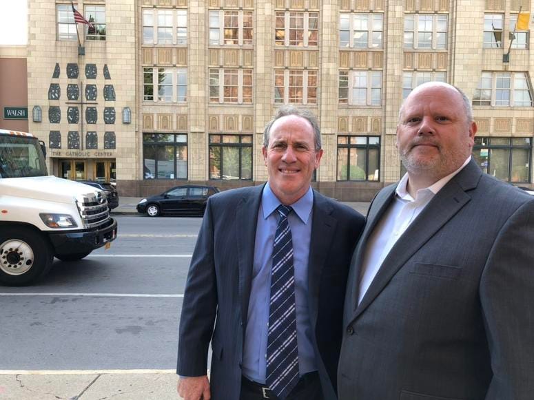 James Faluszczak and Paul Barr outside the Diocese of Buffalo. August 14, 2019 (WBEN Photo/Mike Baggerman)