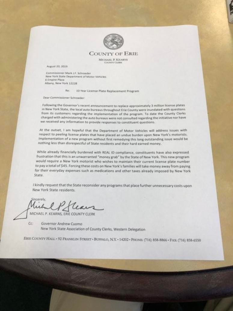 Mickey Kearns letter to Mark Schroeder in response to new plate designs. August 20, 2019 (WBEN Photo/Mike Baggerman)