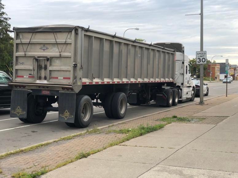 A semi believed to be involved in the overnight death of a person on Lahtrop Street. September 9, 2019 (WBEN Photo/Mike Baggerman)