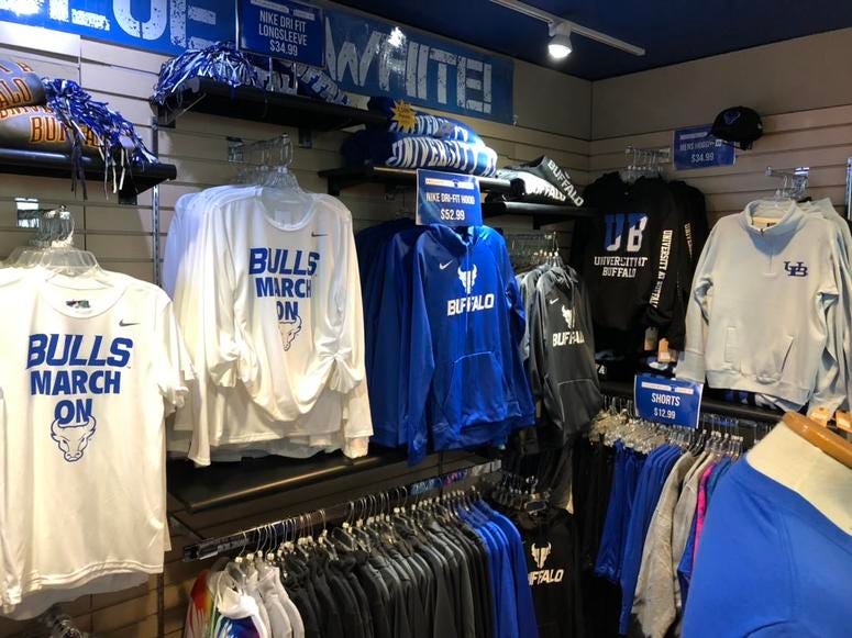 UB Bulls Merchandise at the Campus Tees store. March 21, 2019 (WBEN Photo/Mike Baggerman)