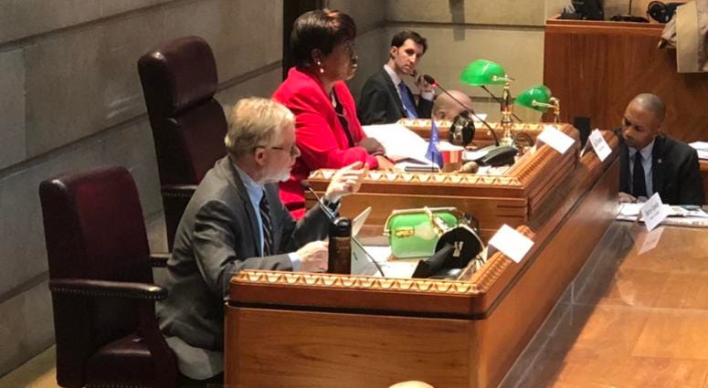 Assemblywoman Crystal Peoples Stokes in Buffalo Common Council chambers leading the public hearing on marijuana legalization in New York State. November 19, 2018 (WBEN Photo/Mike Baggerman)