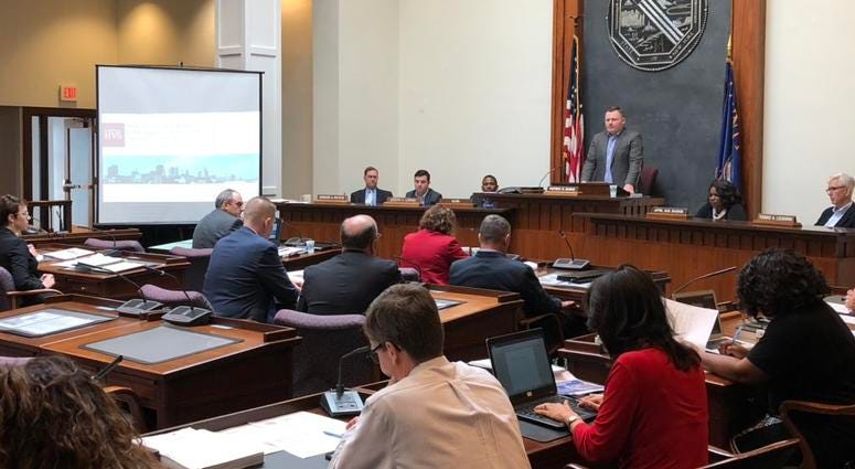 Members of the Erie County Legislature's Economic Development committee meet with HVS Consulting and Visit Buffalo Niagara for a briefing on a new convention center. October 11, 2018 (WBEN Photo/Mike Baggerman)
