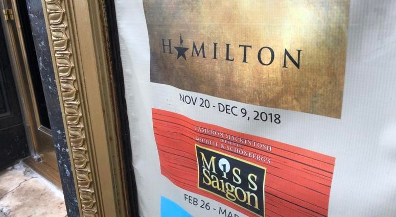 Hamilton preview sign at Shea's Performing Arts Center. October 1, 2018 (WBEN Photo/Mike Baggerman)