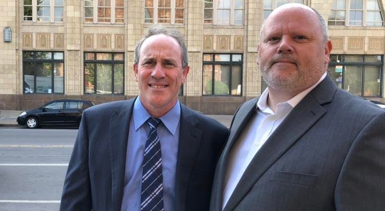 James Faluszczak and Paul Barr outside the Diocese of Buffalo. August 14, 2019 (WBEN Photo/Mike Baggerman)