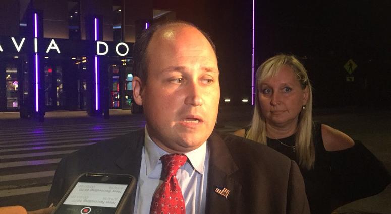Erie County GOP Chair Nick Langworthy with Ontario County GOP Chair Trisha Turner. August 14, 2018 (WBEN Photo/Mike Baggerman)