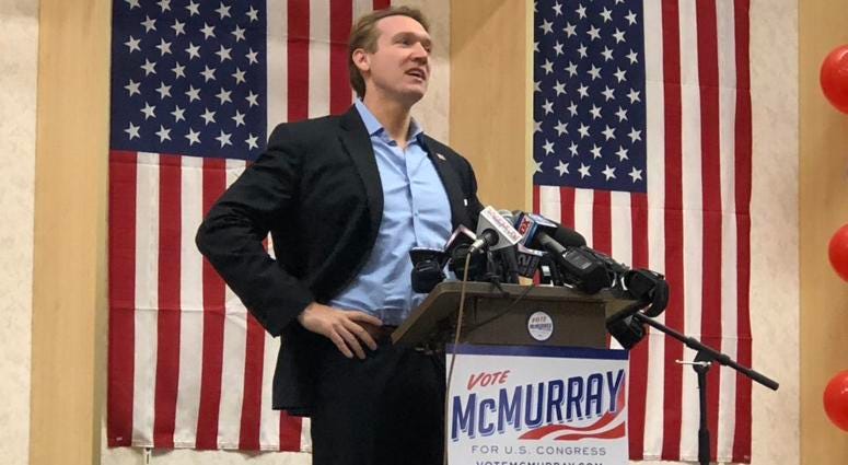 Nate McMurray concedes to Chris Collins in speech at his campaign headquarters in Hamburg. He later called for a recount. November 6, 2018 (WBEN Photo/Mike Baggerman)