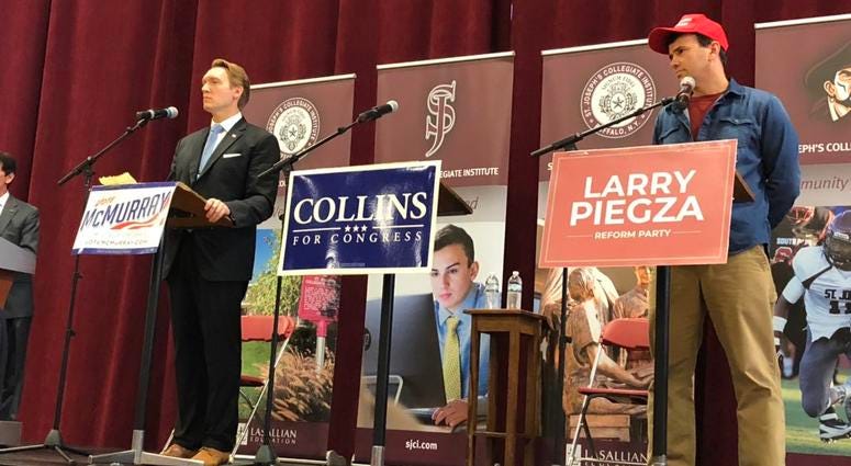 Candidates for New York's 27th Congressional District debate at St. Joseph's Collegiate Institute. Democrat Nathan McMurray (left) and Reform candidate Larry Piegza (right). Congressman Chris Collins was absent. 10/30/18 (WBEN Photo/Mike Baggerman)