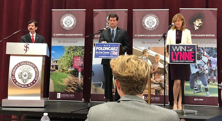 Mark Poloncarz and Lynne Dixon participate in 35th annual debate hosted by St. Joseph's College Institute. October 18, 2019 (WBEN Photo/Mike Baggerman)