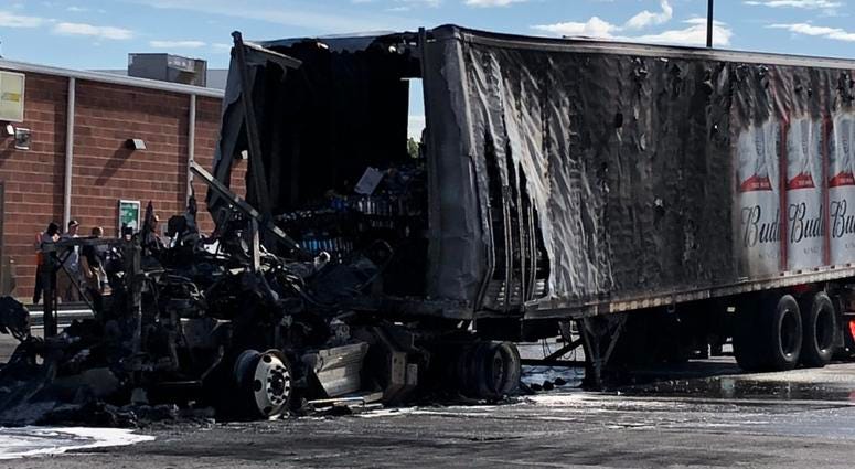 Beer truck fire at the Noco Gas Station in Lancaster. June 17, 2019 (WBEN Photo/Mike Baggerman)