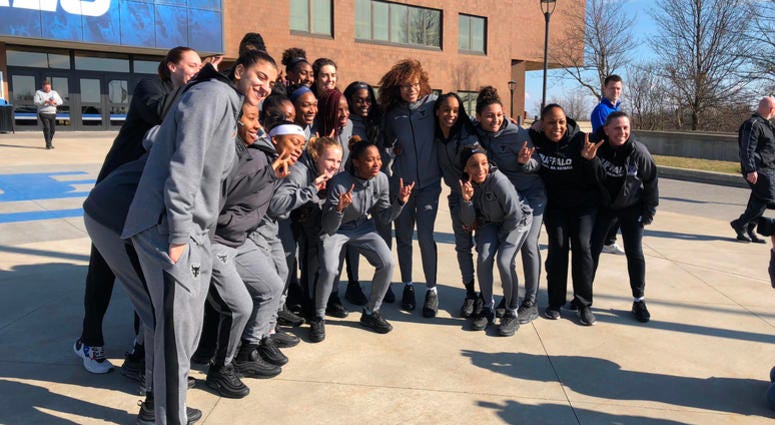 UB Women's Basketball pose in front of Alumni Arena as they prepare to head to Connecticut for the NCAA Tournament. March 19, 2019 (WBEN Photo/Brendan Keany)