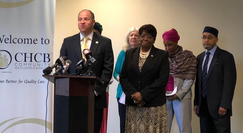 State Senator Tim Kennedy, Assemblywoman Crystal Peoples Stokes announce $180,000 in funding for the Osborne Association's "Family Works" program. April 25, 2019 (WBEN Photo/Mike Baggerman)