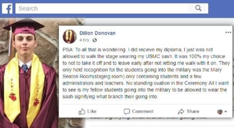Dillon Donovan was not allowed to walk with a military sash