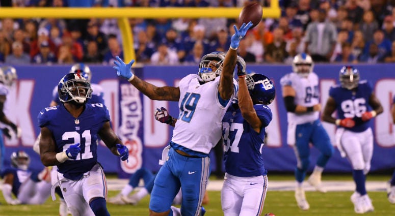 New York Giants cornerback Ross Cockrell (37) defends against Detroit Lions wide receiver Kenny Golladay (19) on an incomplete pass in the first half during a NFL football game at MetLife Stadium. New York Giants cornerback Ross Cockrell (37) defends against Detroit Lions wide receiver Kenny Golladay (19) on an incomplete pass in the first half during a NFL football game at MetLife Stadium.