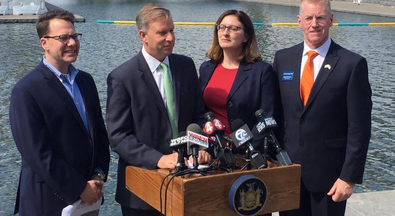 Left to Right: Explore & More Children's Museum CEO Douglas Love, State Senator Chris Jacobs, Buffalo Heritage Carousel President Lauria Hauer-LaDuca, and USCG (ret) and Naval Park Executive Director Captain Brian Roche
