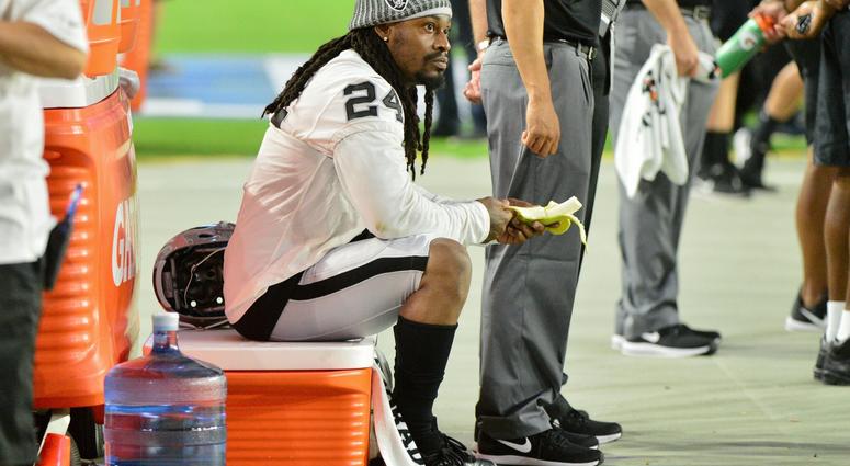 Aug 12, 2017; Glendale, AZ, USA; Oakland Raiders running back Marshawn Lynch (24) prior to the game against the Arizona Cardinals at University of Phoenix Stadium. Aug 12, 2017; Glendale, AZ, USA; Oakland Raiders running back Marshawn Lynch (24) prior to the game against the Arizona Cardinals at University of Phoenix Stadium.