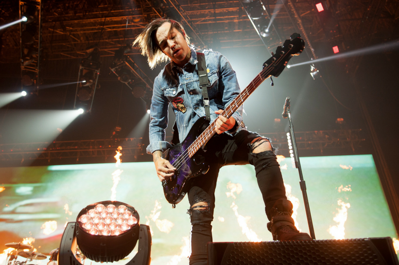 Pete Wentz of Fall Out Boy performs on stage at the Arena Birmingham Pete Wentz of Fall Out Boy performs on stage at the Arena Birmingham