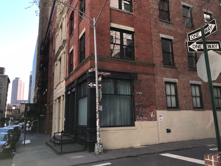 THE INTERSECTION OF WHITE STREET AND CORTLAND ALLEY, NEW YORK CORNER OF FORMER MUDD CLUB BUILDING IN 2020