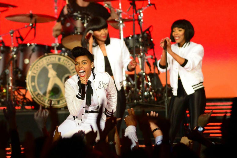 Janelle Monae performs during half time of the 2014 NBA All-Star Game at the Smoothie King Center. Janelle Monae performs during half time of the 2014 NBA All-Star Game at the Smoothie King Center.