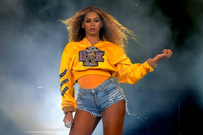 Beyoncé INDIO, CA - APRIL 14: Beyonce Knowles performs onstage during 2018 Coachella Valley Music And Arts Festival Weekend 1 at the Empire Polo Field on April 14, 2018 in Indio, California.