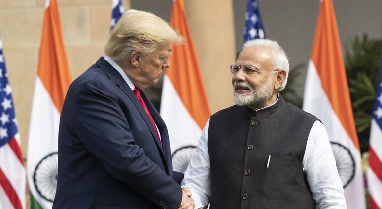 President Donald Trump and Indian Prime Minister Narendra Modi shake hands before their meeting at Hyderabad House, Tuesday, Feb. 25, 2020, in New Delhi, India.