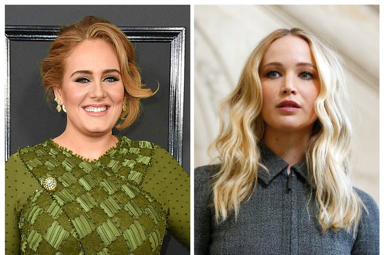 Adele at the 59th annual Grammy Awards in Los Angeles on Feb. 12, 2017, left, and actress Jennifer Lawrence at the Dior ready to wear Fall-Winter 2019-2020 collection in Paris on Feb. 26, 2019 Adele at the 59th annual Grammy Awards in Los Angeles on Feb. 12, 2017, left, and actress Jennifer Lawrence at the Dior ready to wear Fall-Winter 2019-2020 collection in Paris on Feb. 26, 2019
