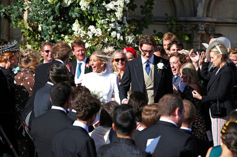 Newly married Ellie Goulding and Caspar Jopling leave York Minster after their wedding, in York, England, Saturday Aug. 31, 2019.