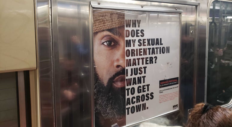An ad addressing discrimination by taxi drivers seen on a New York City subway on Feb. 18, 2020. TLC Discrimination Ads
