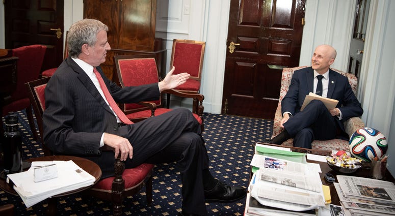 Mayor Bill de Blasio meets with Andy Byford, President of the New York City Transit Authority, in his office at City Hall on Tuesday, July 10, 2018. Bill de Blasio, Andy Byford